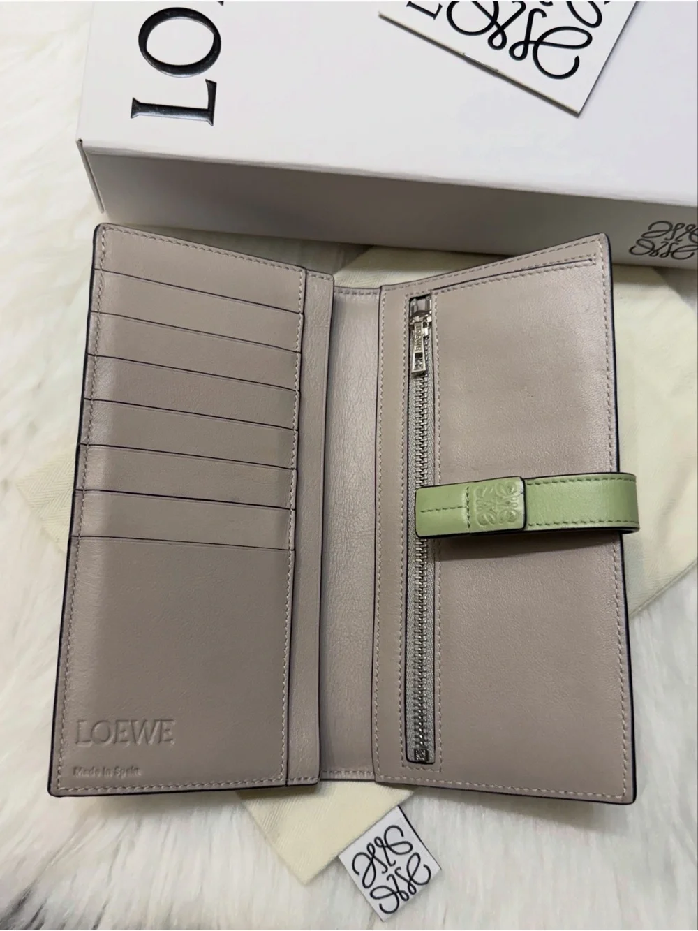 Loewe Anagram Pearl Gray Pale Green Vertical Bifold Wallet